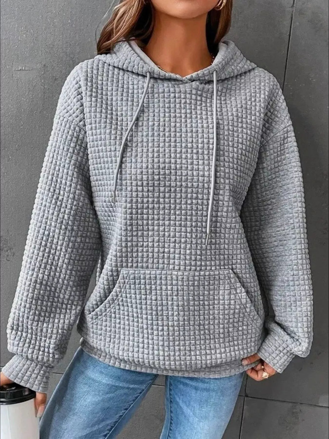 Women's knit hoodie in grey, waffle texture kangaroo pocket drawstring hood