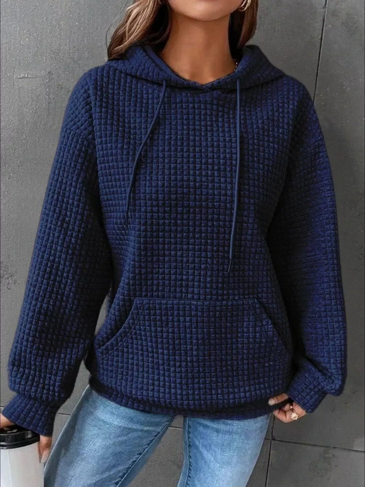 Waffle texture kangaroo pocket drawstring hood in navy, front view