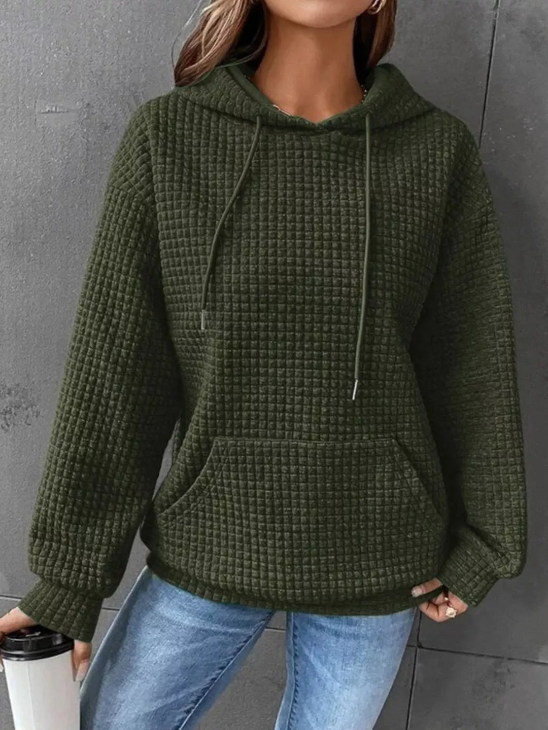 Waffle texture kangaroo pocket drawstring hood in olive green, front view