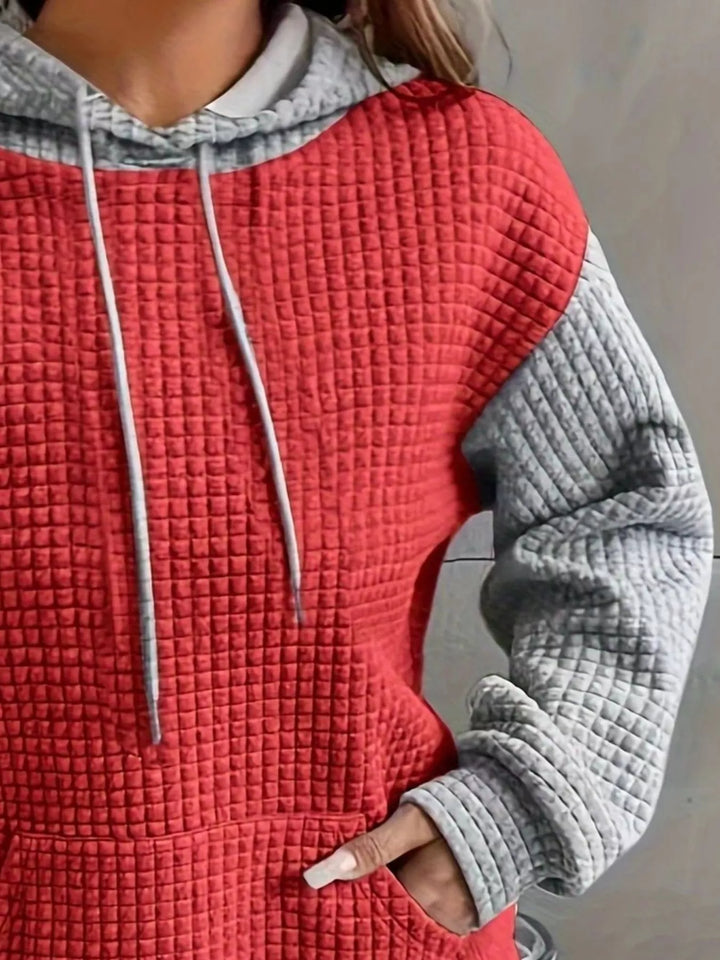 Waffle texture kangaroo pocket drawstring hood in red/gary, close-up detail