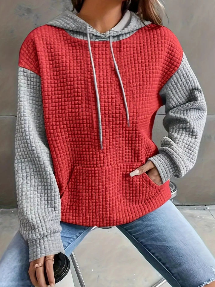 Waffle texture kangaroo pocket drawstring hood in red/gary, front view