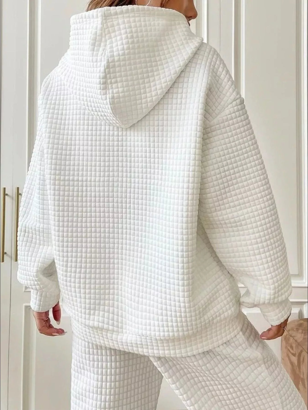 Waffle texture kangaroo pocket drawstring hood in white, back view