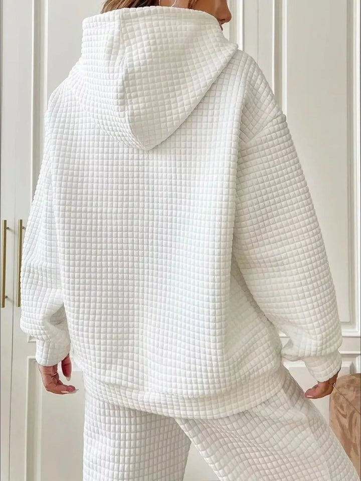 Waffle texture kangaroo pocket drawstring hood in white, back view