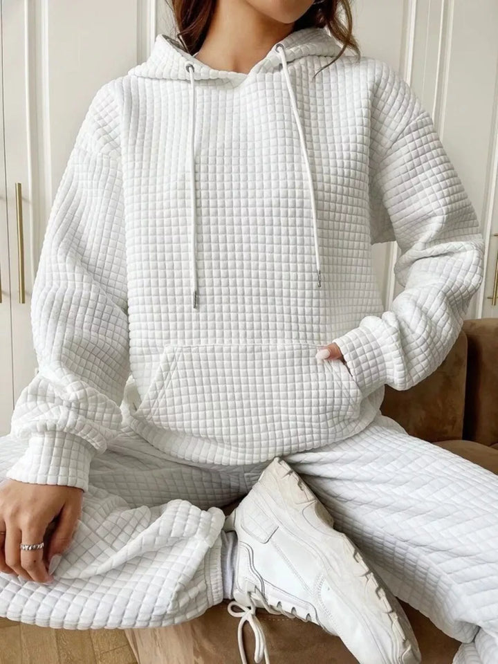 Waffle texture kangaroo pocket drawstring hood in white, front view