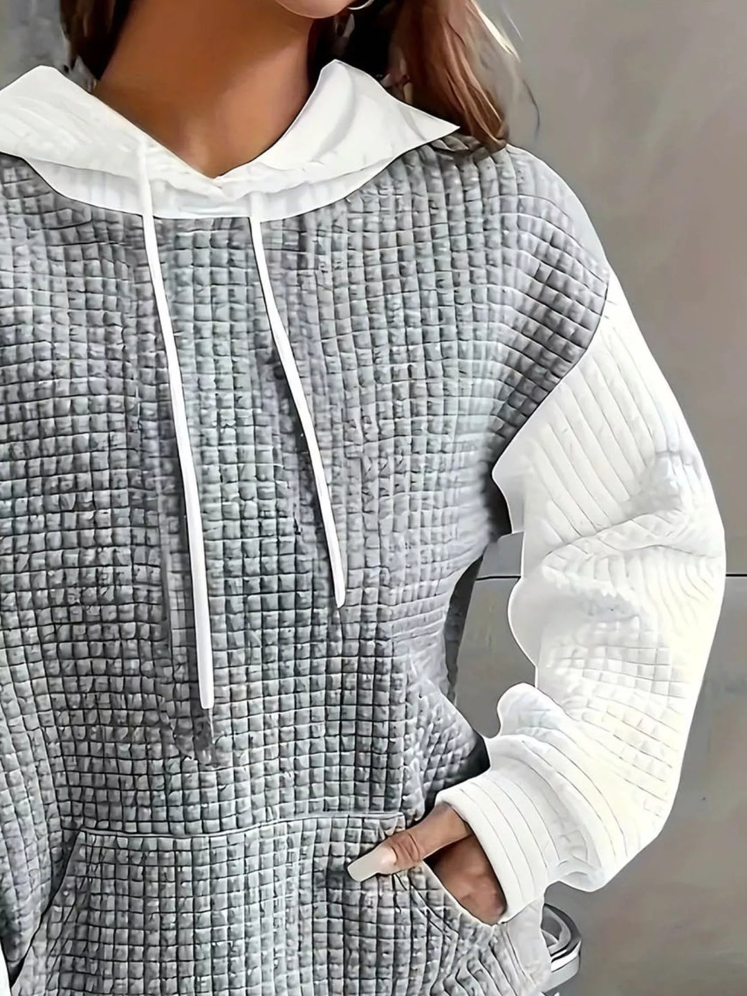 Waffle texture kangaroo pocket drawstring hood in white/gary, close-up detail