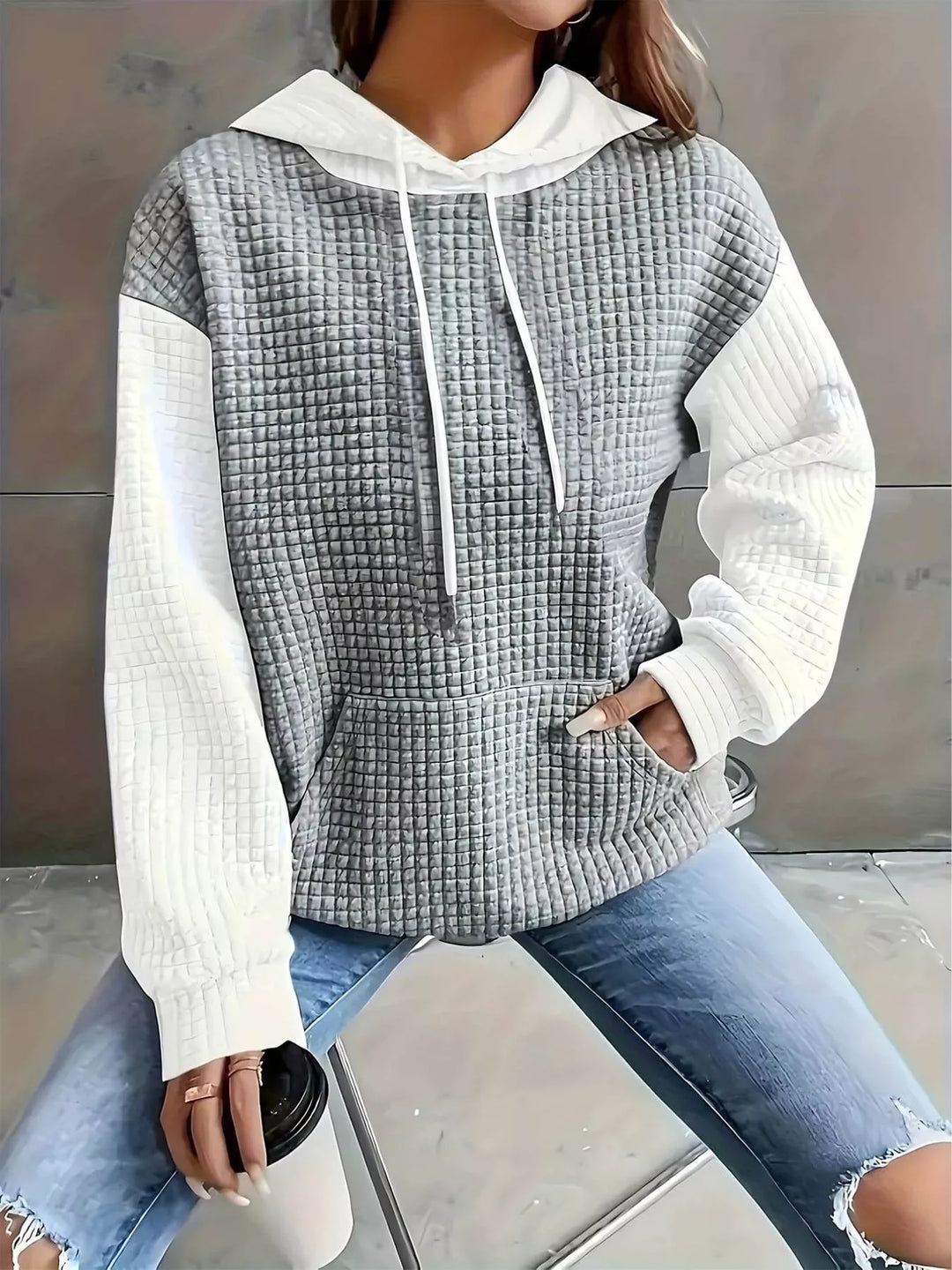 Waffle texture kangaroo pocket drawstring hood in white/gary, front view