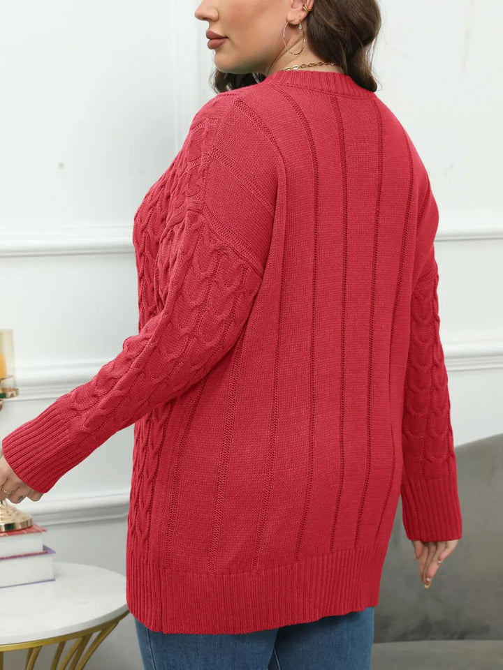 Cable longline crew neck plus size in deep red, back view