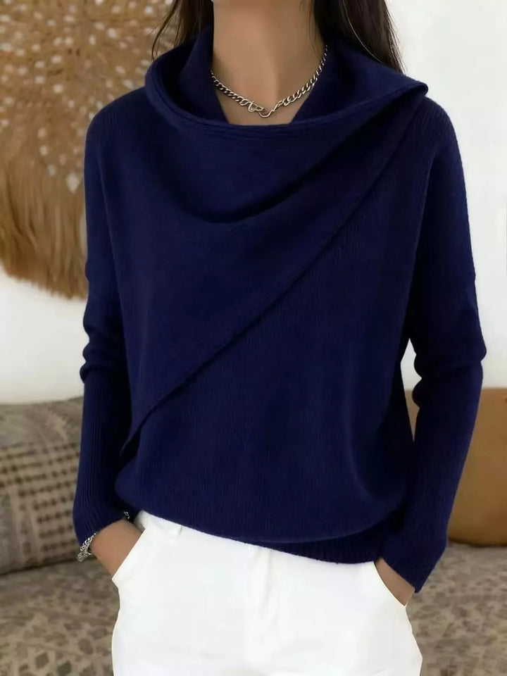 Women's knit sweater in navy, draped diagonal cowl neck ribbed hem