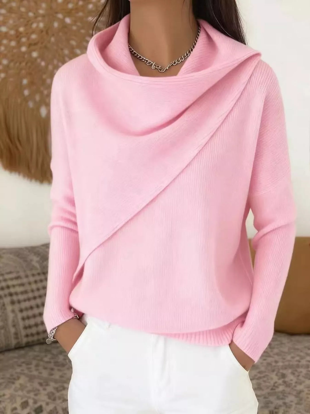 Draped diagonal cowl neck ribbed hem in pink, front view