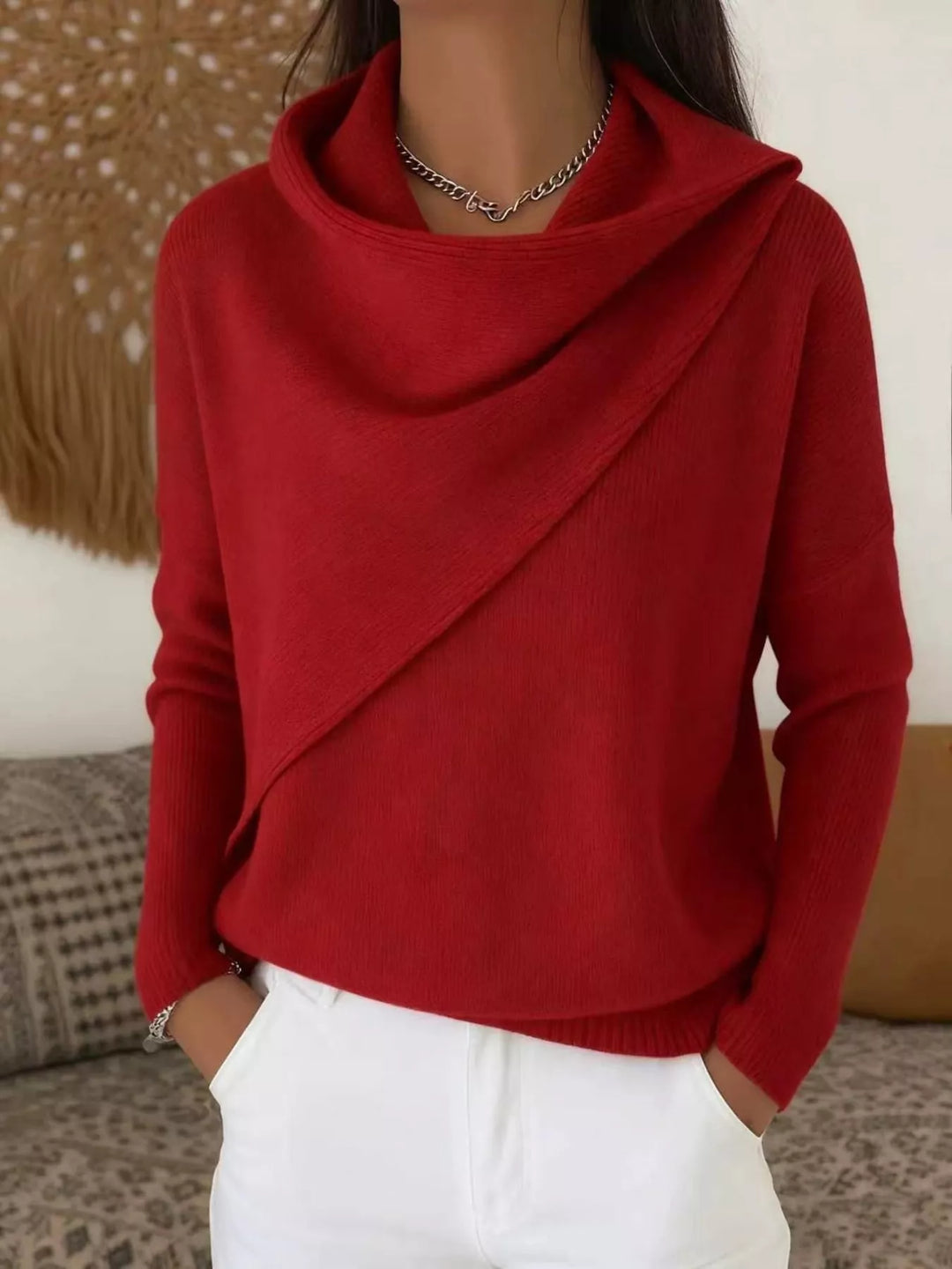Draped diagonal cowl neck ribbed hem in red, front view