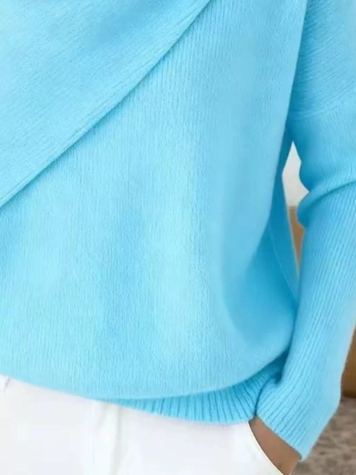 Draped diagonal cowl neck ribbed hem in sky blue, close-up detail 2