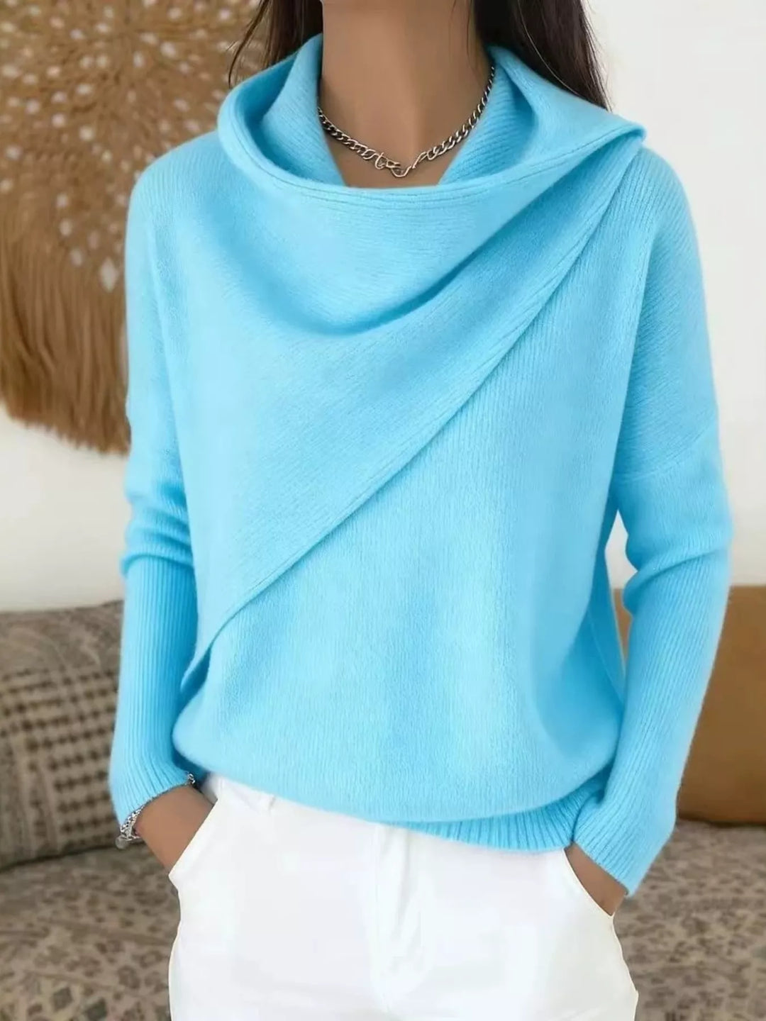 Draped diagonal cowl neck ribbed hem in sky blue, front view