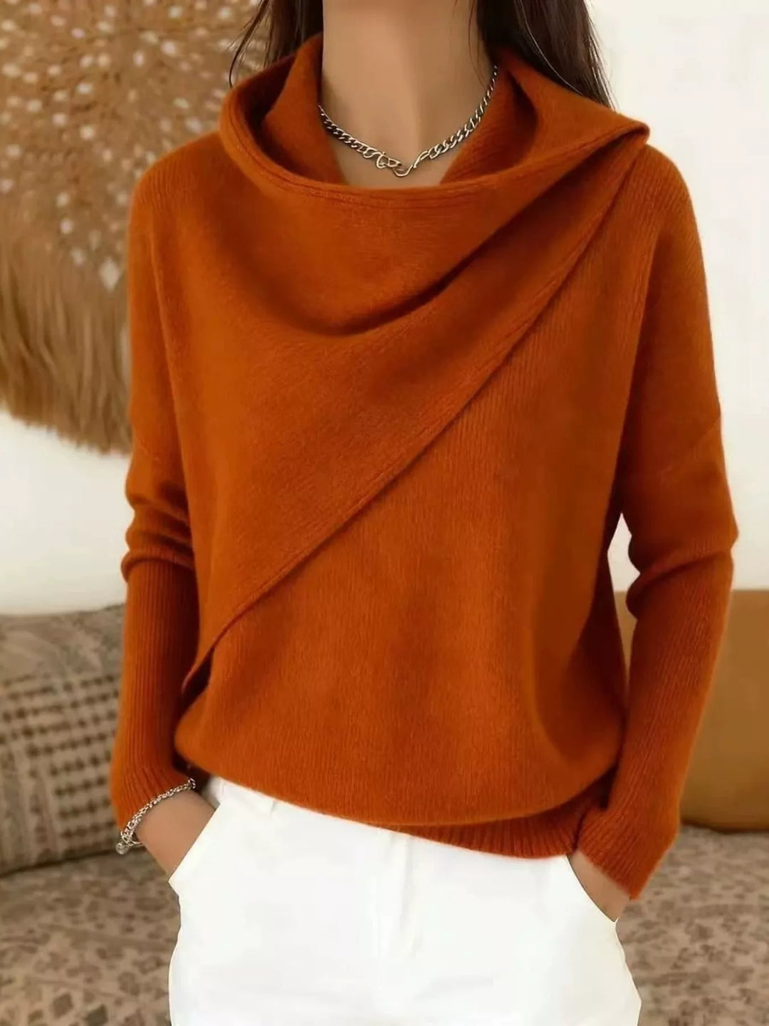 Draped diagonal cowl neck ribbed hem in tan, front view