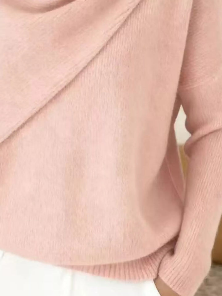 Draped diagonal cowl neck ribbed hem in watermelon pink, close-up detail 2