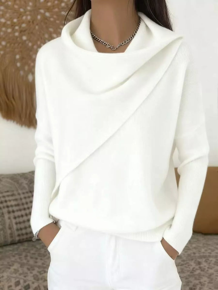 Draped diagonal cowl neck ribbed hem in white, front view