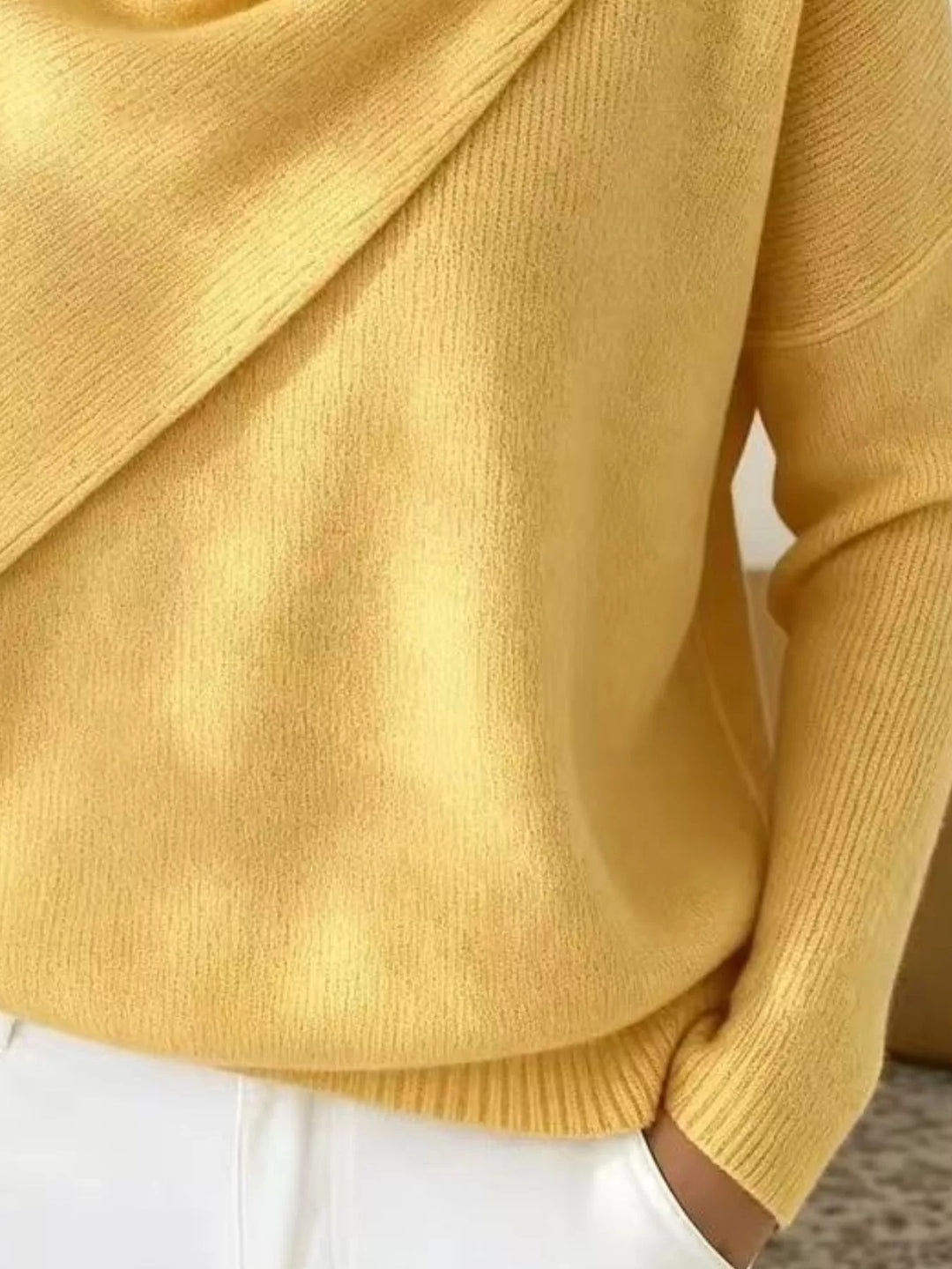 Draped diagonal cowl neck ribbed hem in yellow, close-up detail 2