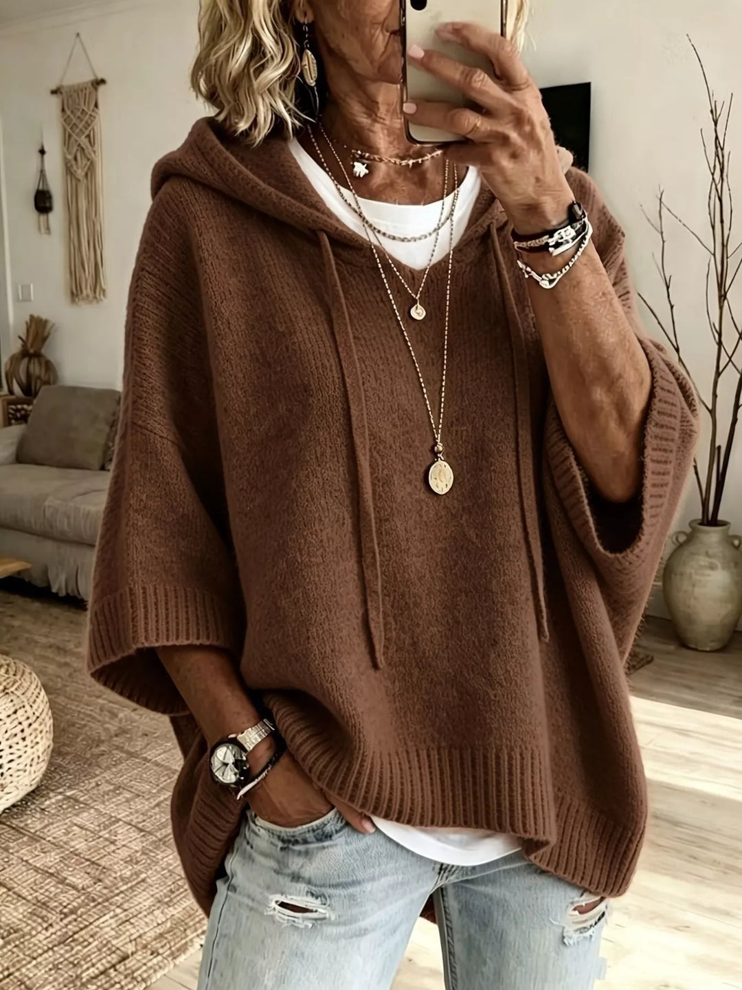 Hooded batwing elbow-length sleeves in brown, front view