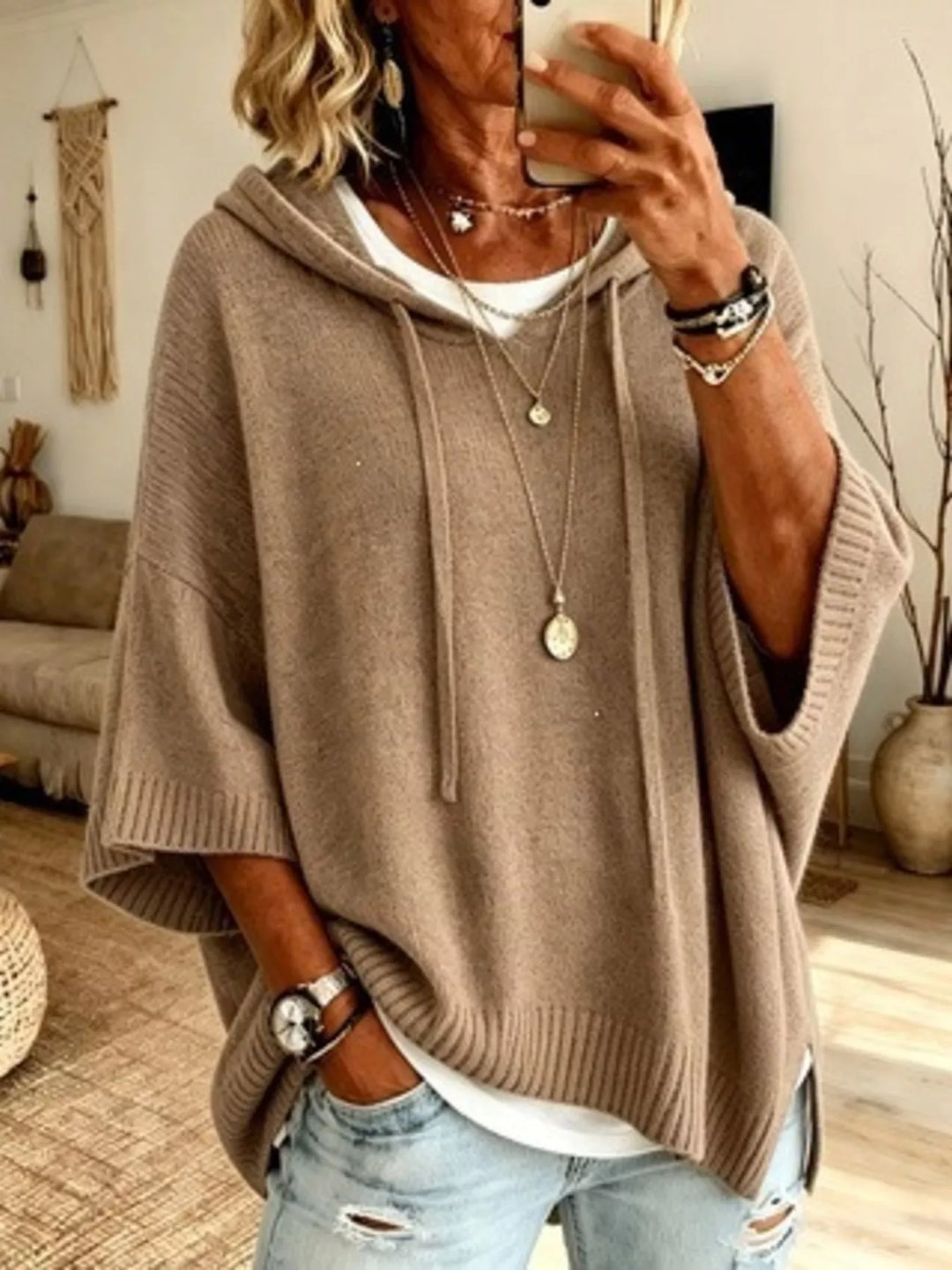 Hooded batwing elbow-length sleeves in khaki, front view