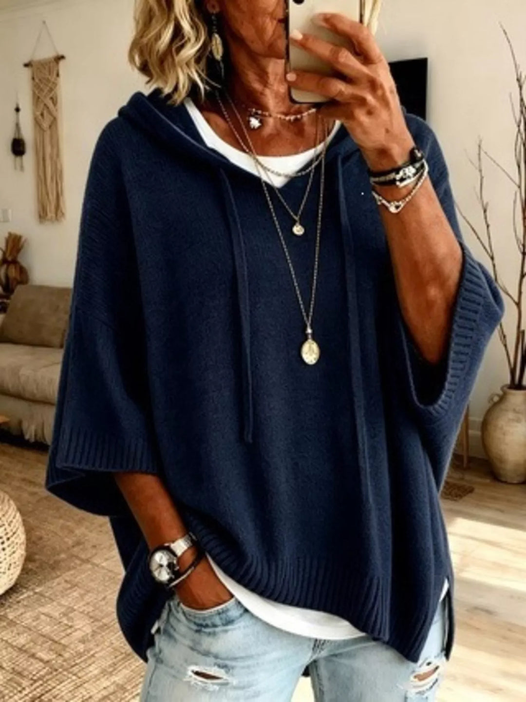 Hooded batwing elbow-length sleeves in navy, front view