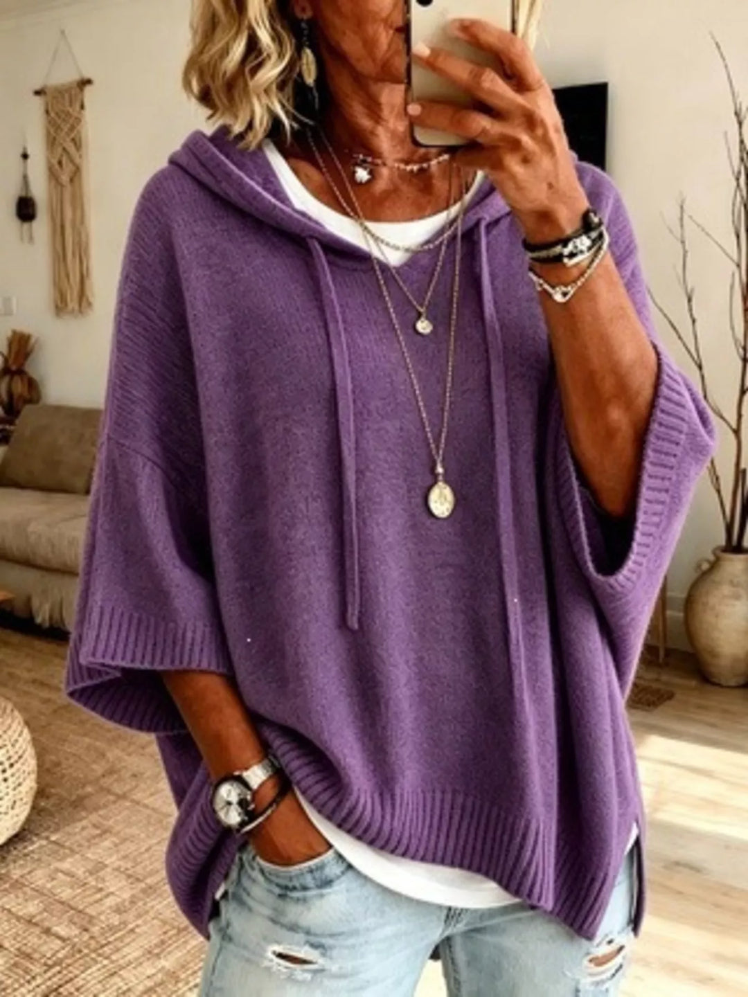 Hooded batwing elbow-length sleeves in purple, front view