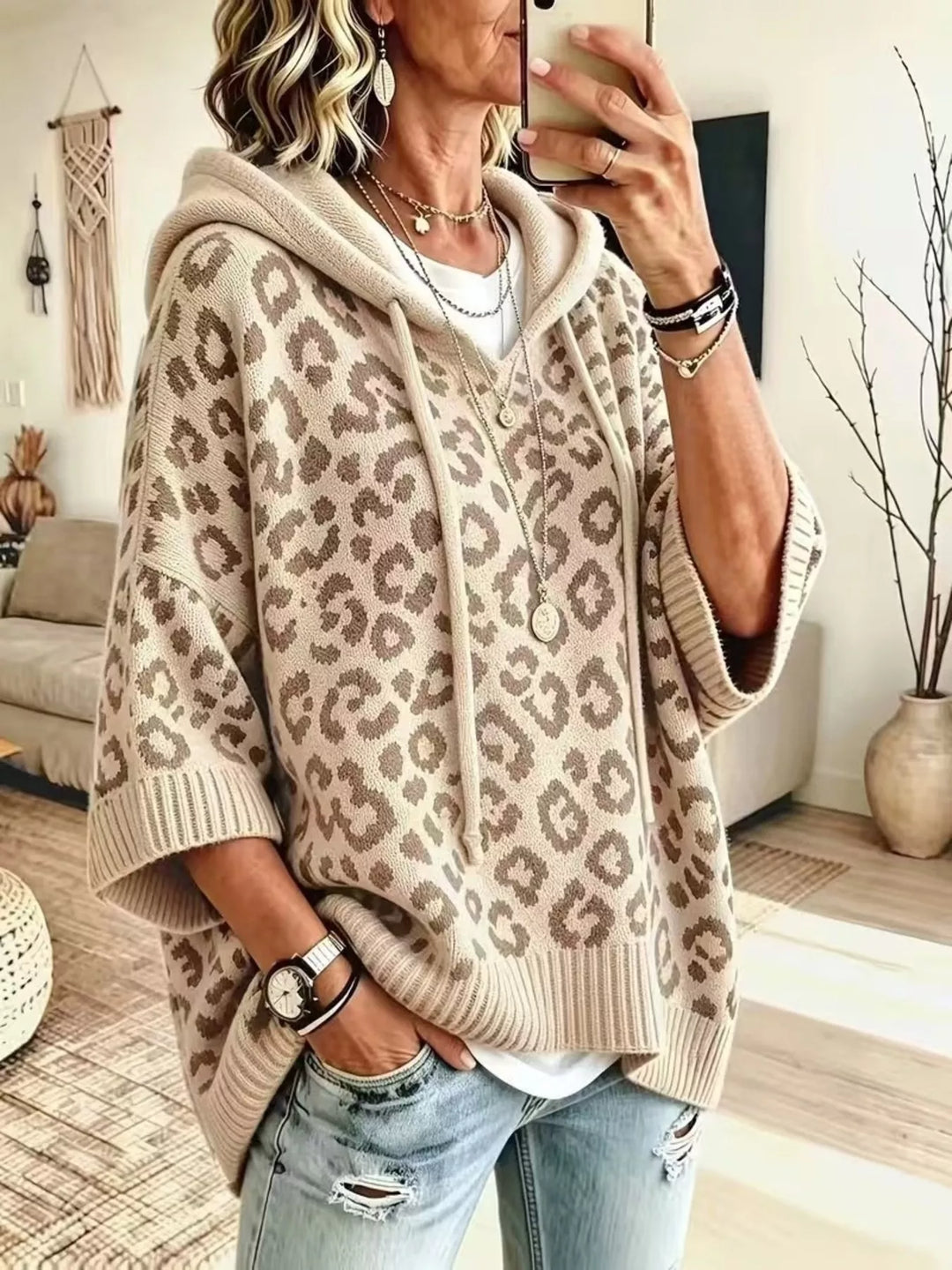 Women's knit sweater in apricot, hooded leopard print poncho style