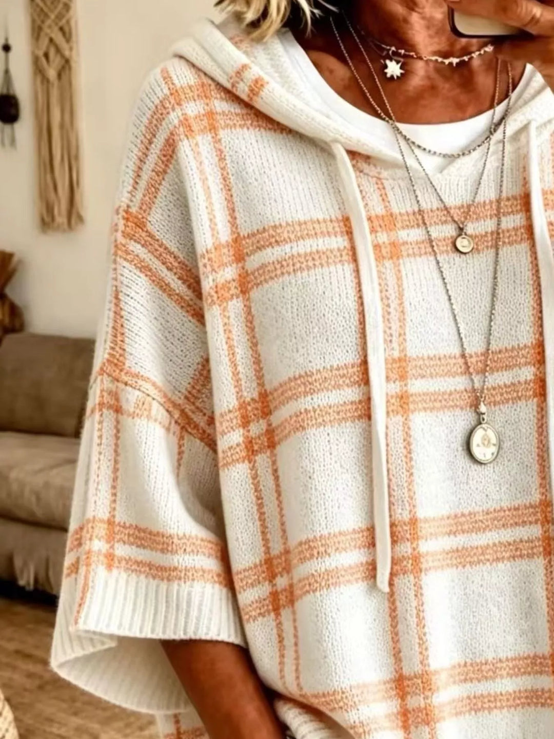 Plaid hooded poncho style drawstring in cream, close-up detail