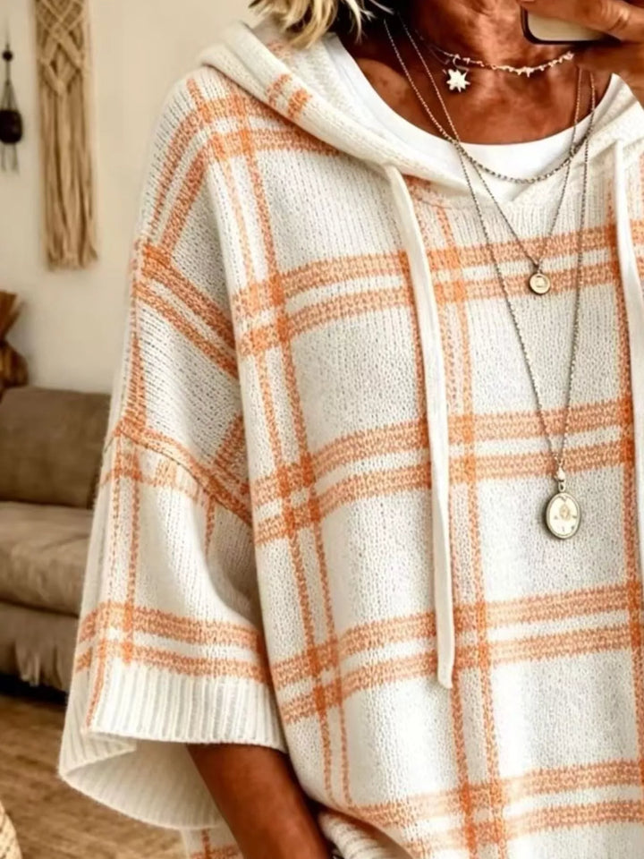 Plaid hooded poncho style drawstring in cream, close-up detail