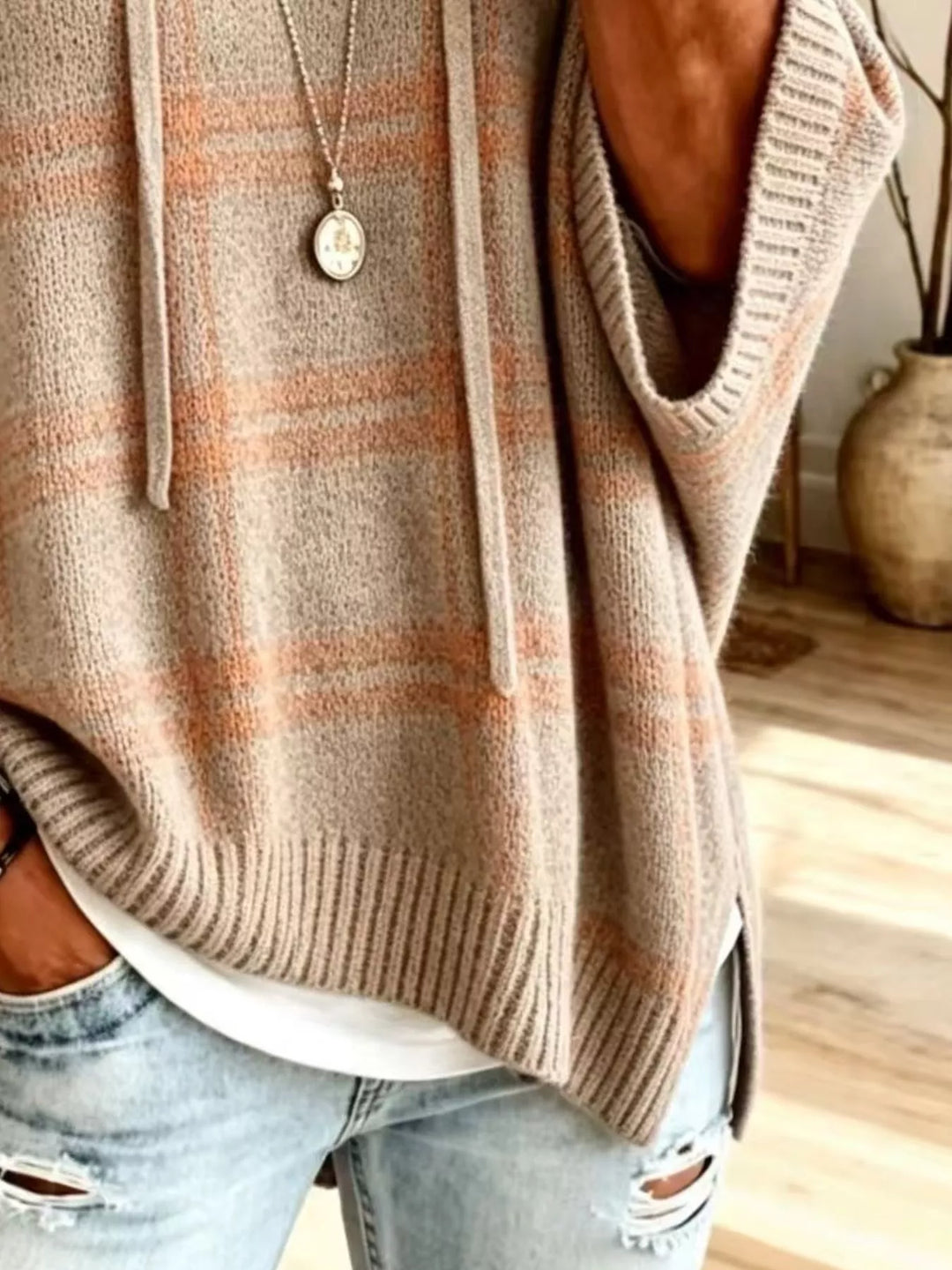 Plaid hooded poncho style drawstring in khaki, close-up detail