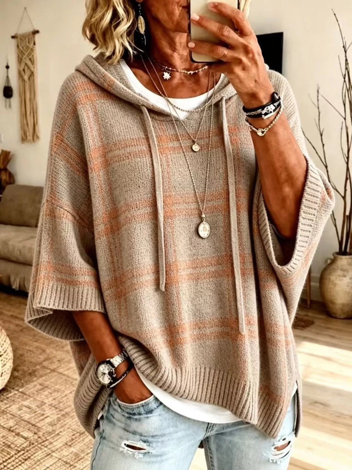 Plaid hooded poncho style drawstring in khaki, front view