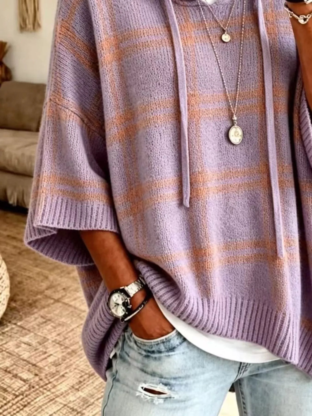 Plaid hooded poncho style drawstring in lavender, close-up detail