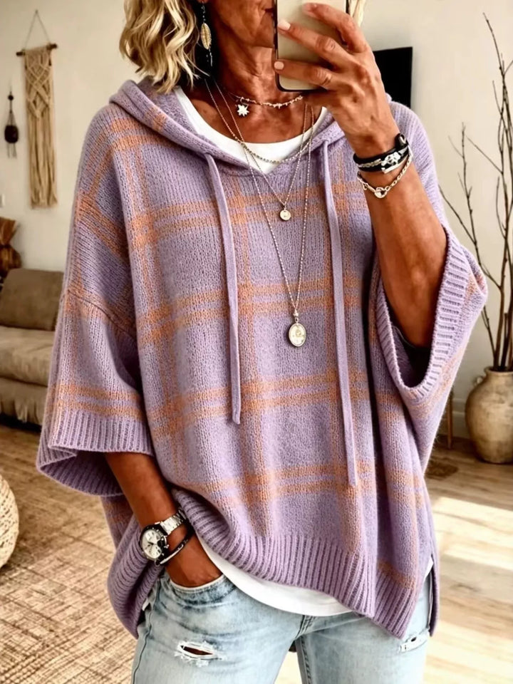 Plaid hooded poncho style drawstring in lavender, front view