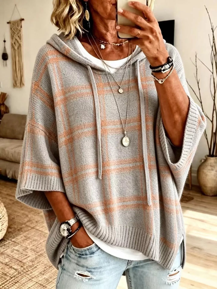 Plaid hooded poncho style drawstring in light gray, front view