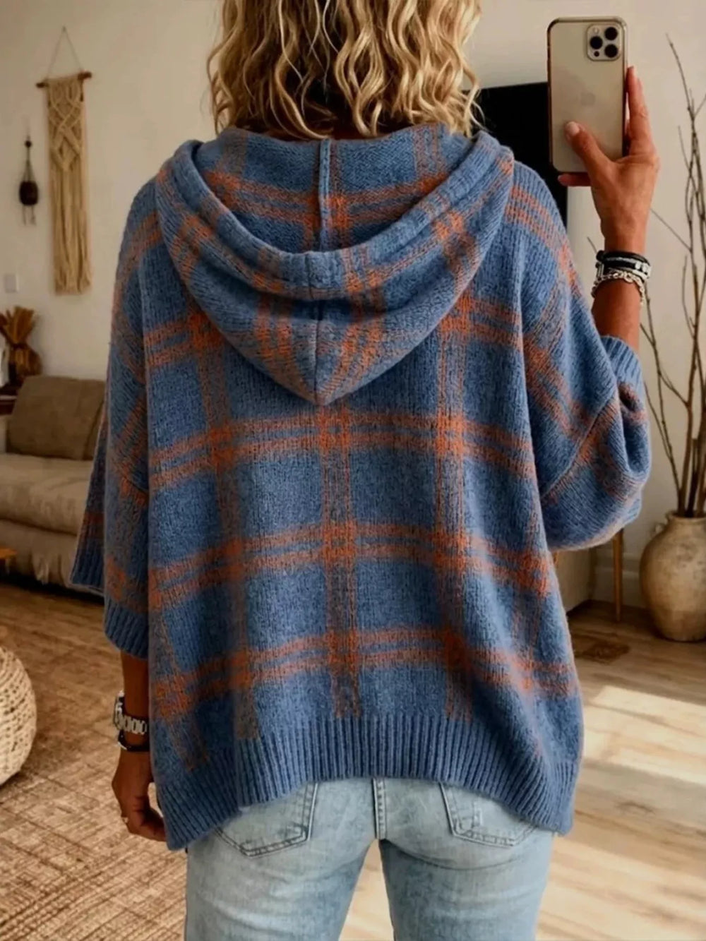 Plaid hooded poncho style drawstring in sea blue, back view