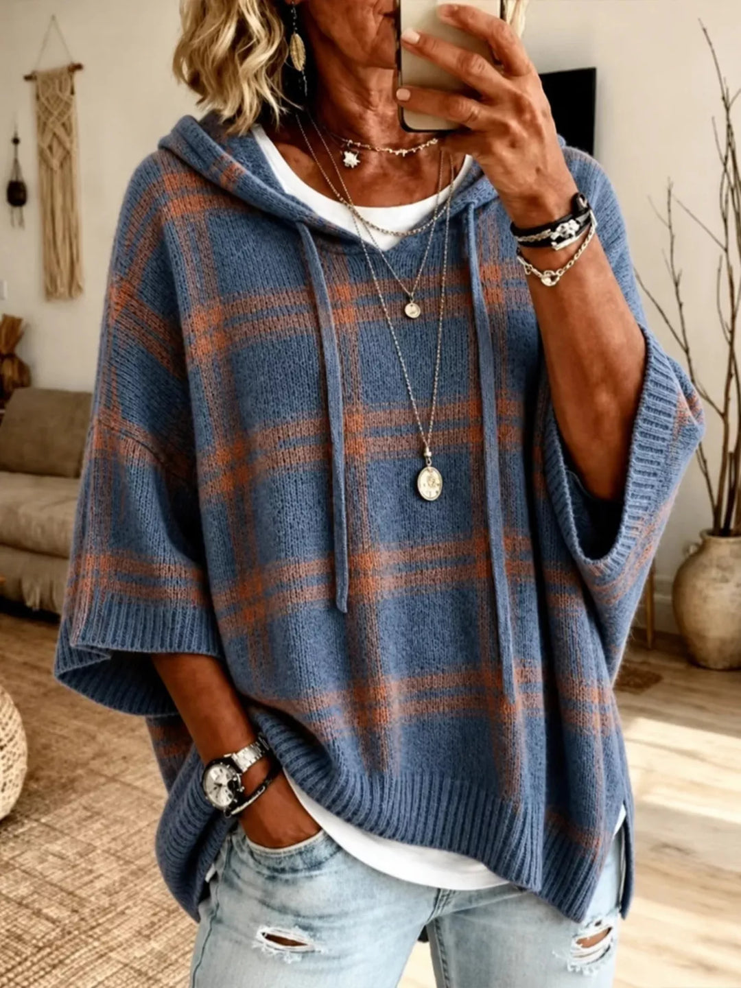 Women's knit sweater in sea blue, plaid hooded poncho style drawstring