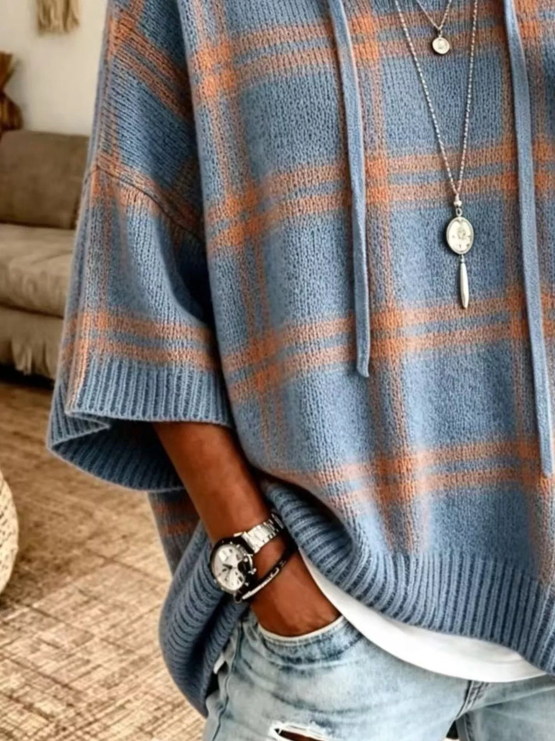 Plaid hooded poncho style drawstring in sky blue, close-up detail