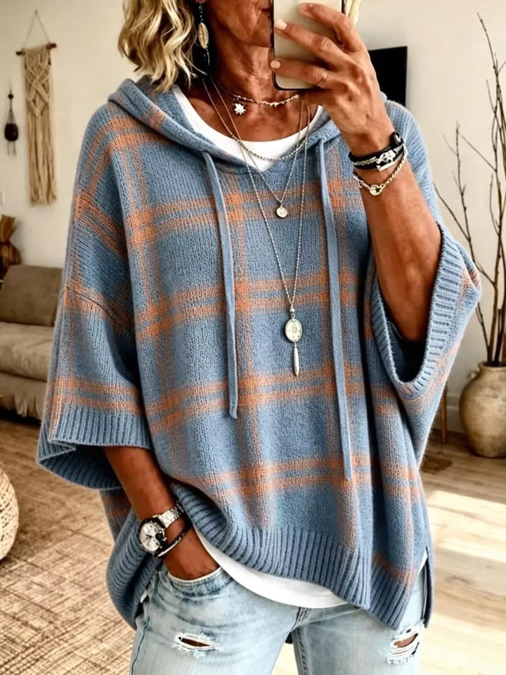 Plaid hooded poncho style drawstring in sky blue, front view