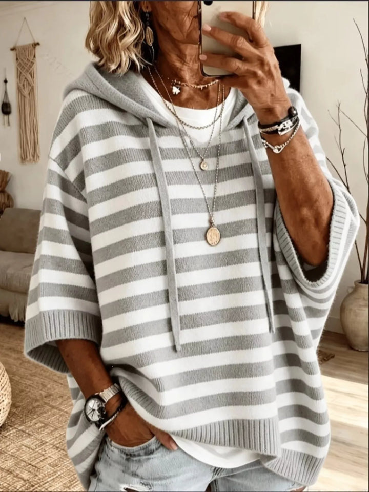 Striped hooded elbow length sleeves in gray, front view