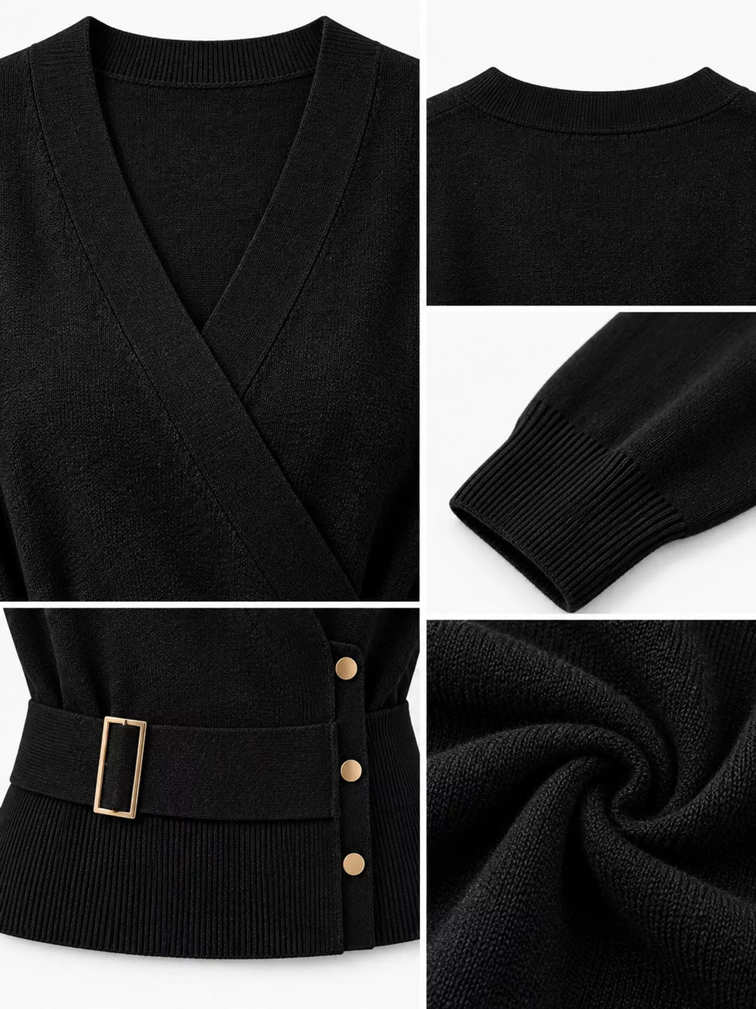 Surplice wrap front buckle belted waist in black, close-up detail