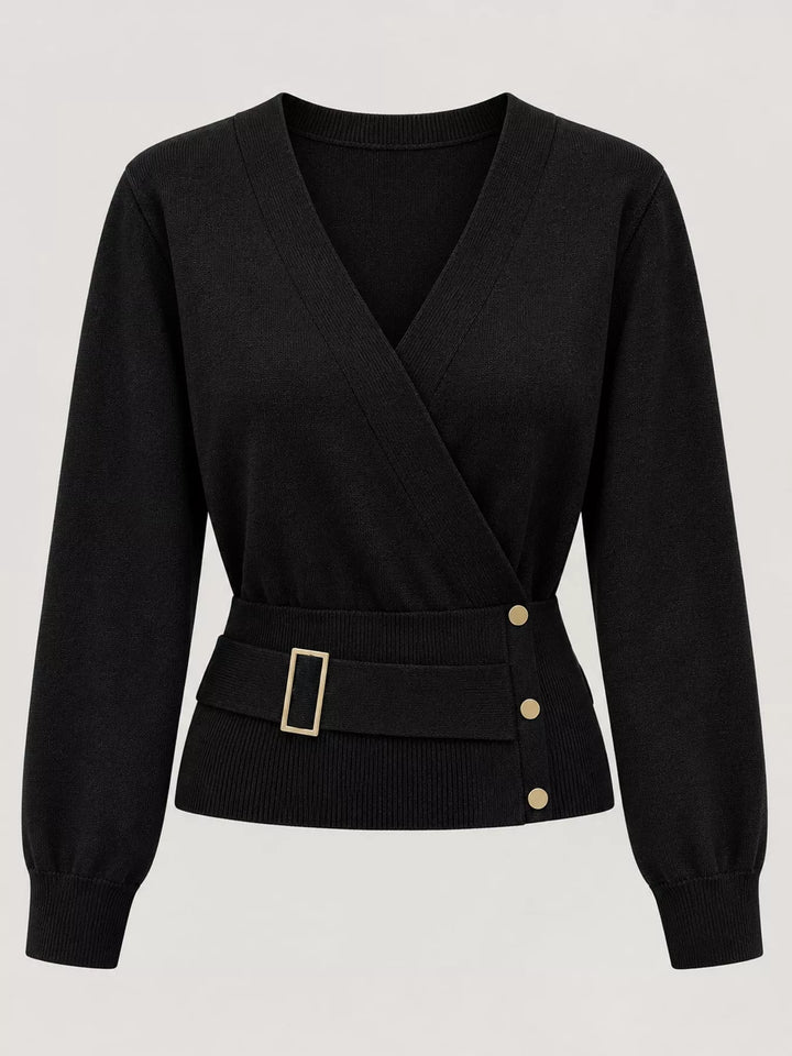 Surplice wrap front buckle belted waist in black, flat lay
