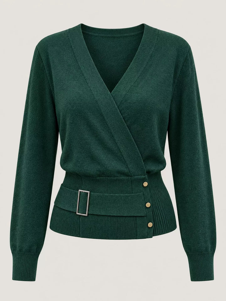 Surplice wrap front buckle belted waist in dark green, flat lay