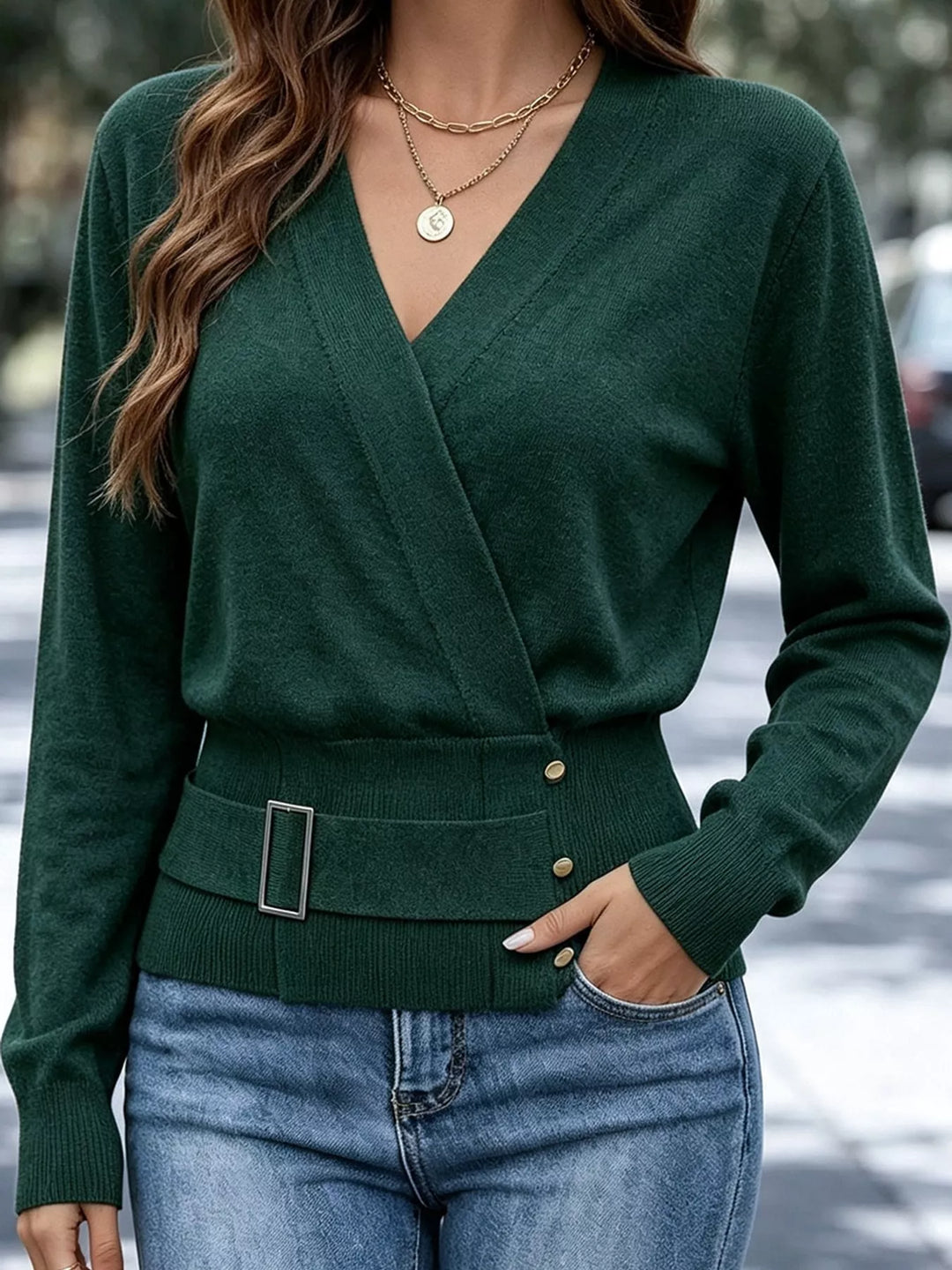 Surplice wrap front buckle belted waist in dark green, front view