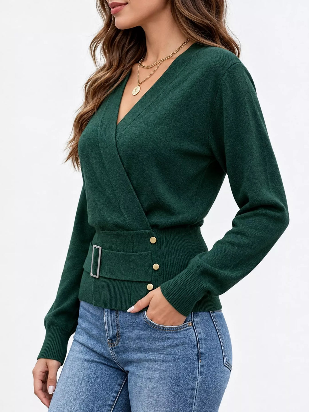 Surplice wrap front buckle belted waist in dark green, styled on model 3
