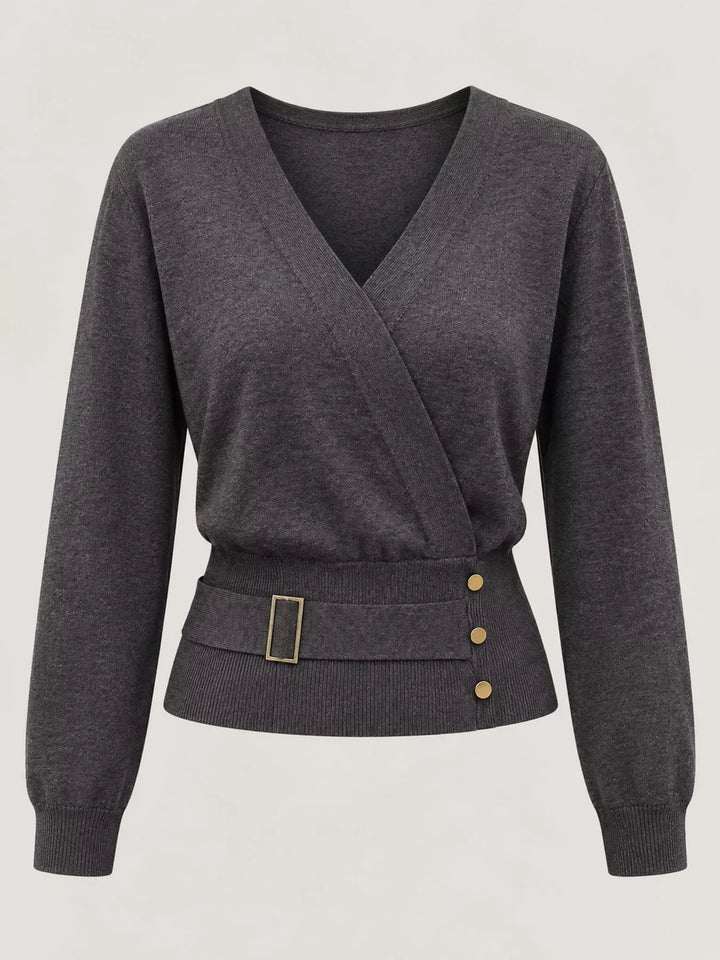 Surplice wrap front buckle belted waist in gray, flat lay