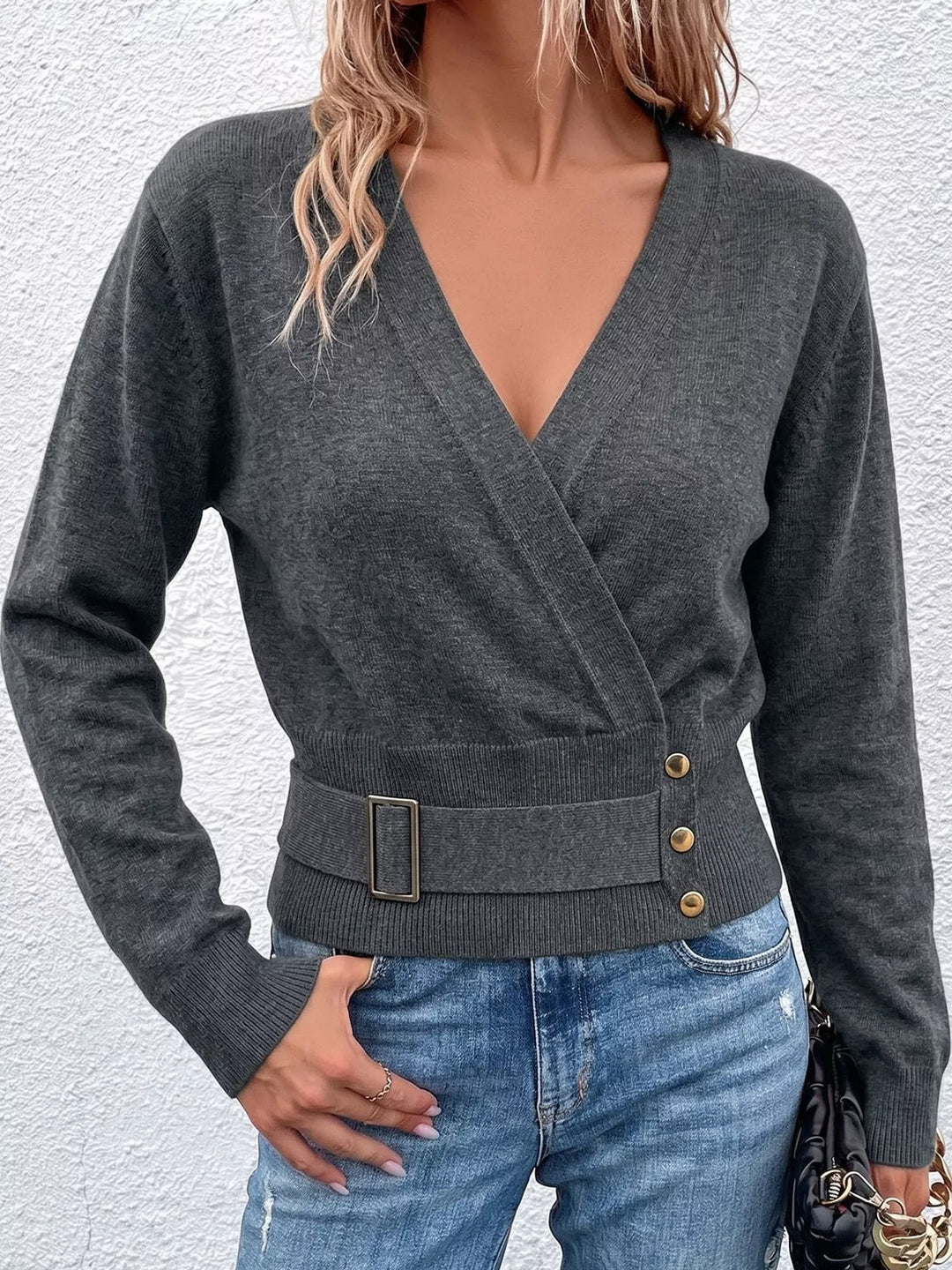 Surplice wrap front buckle belted waist in gray, styled on model