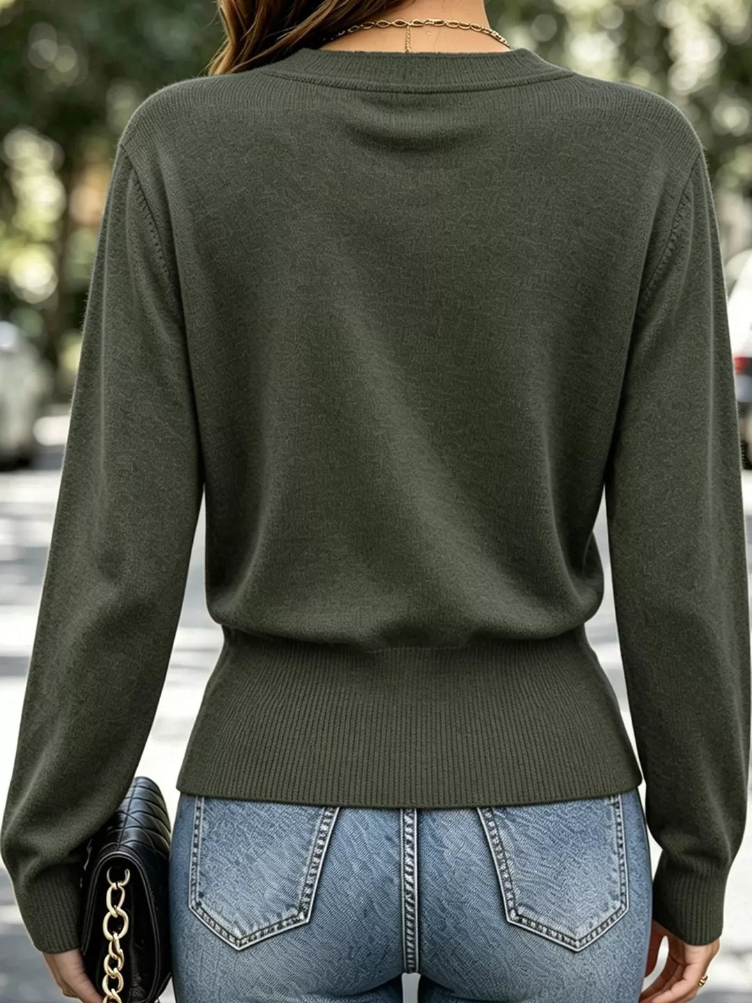 Surplice wrap front buckle belted waist in medium army green, back view