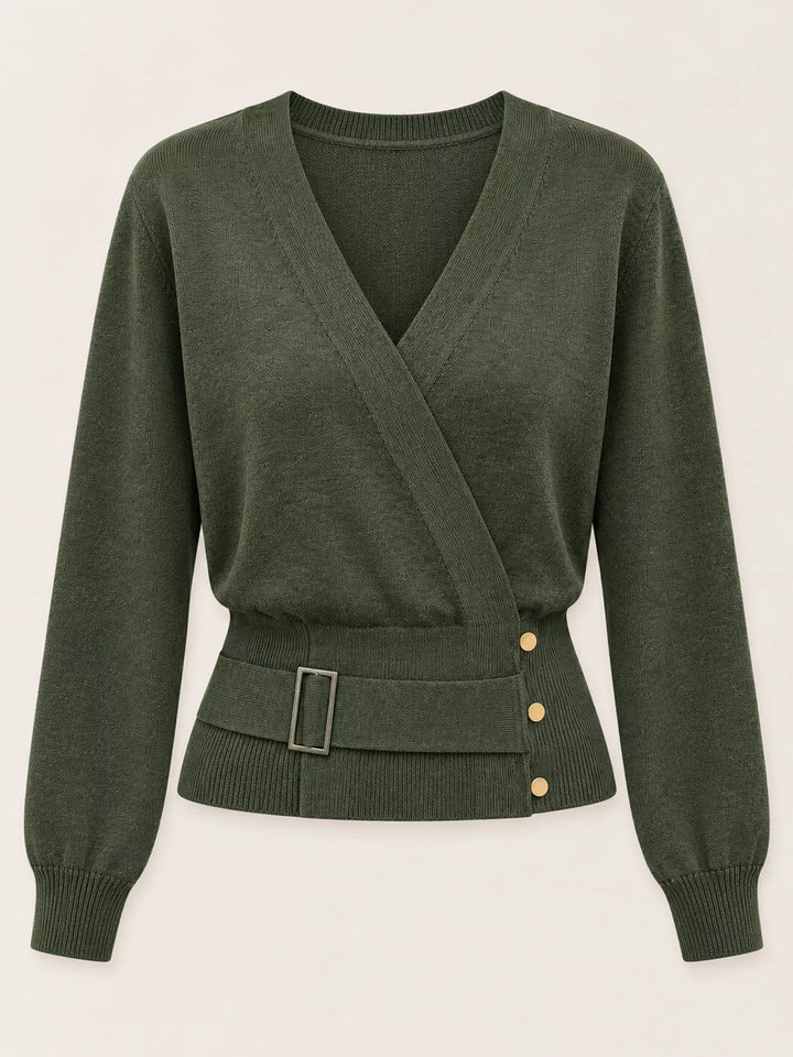 Surplice wrap front buckle belted waist in medium army green, flat lay
