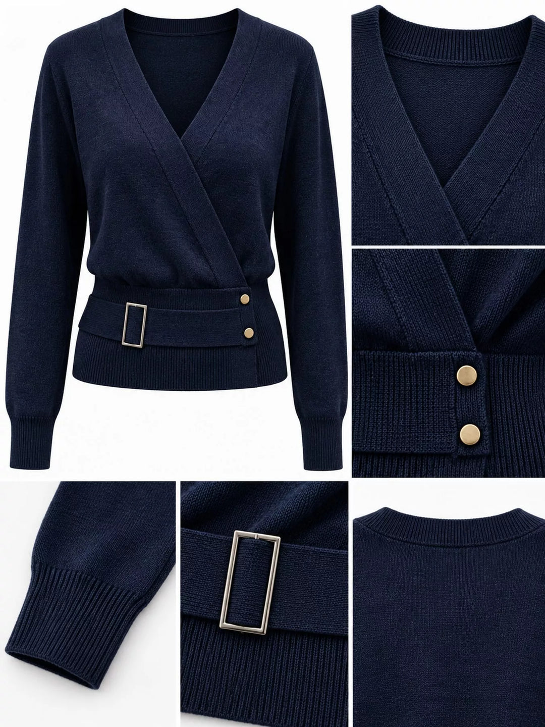 Surplice wrap front buckle belted waist in navy, close-up detail