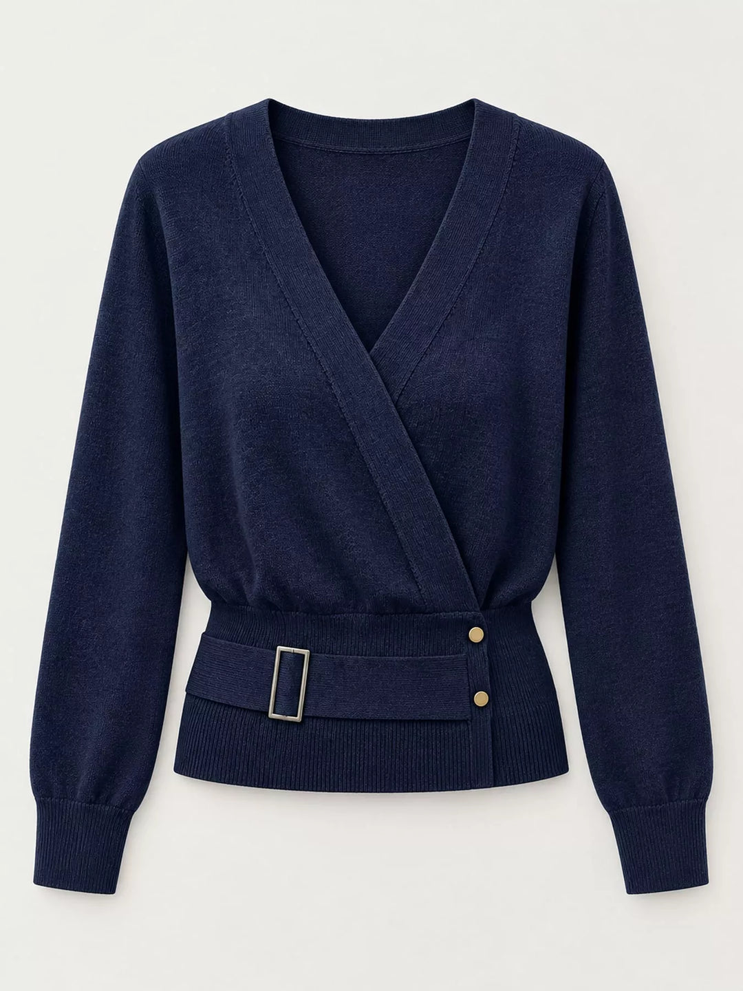 Surplice wrap front buckle belted waist in navy, flat lay