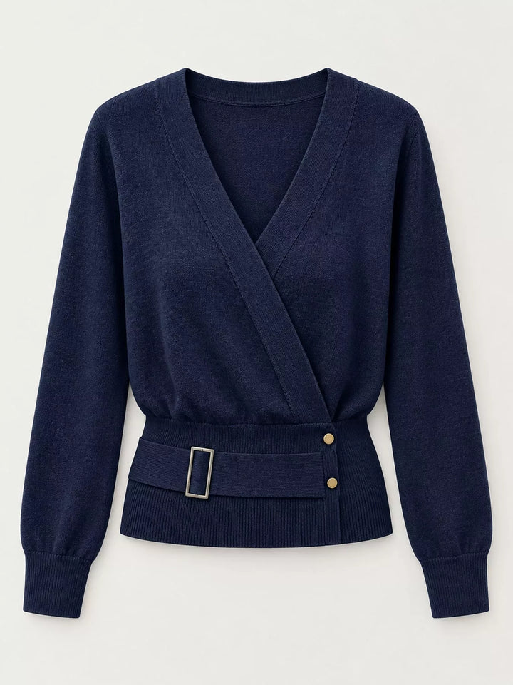 Surplice wrap front buckle belted waist in navy, flat lay