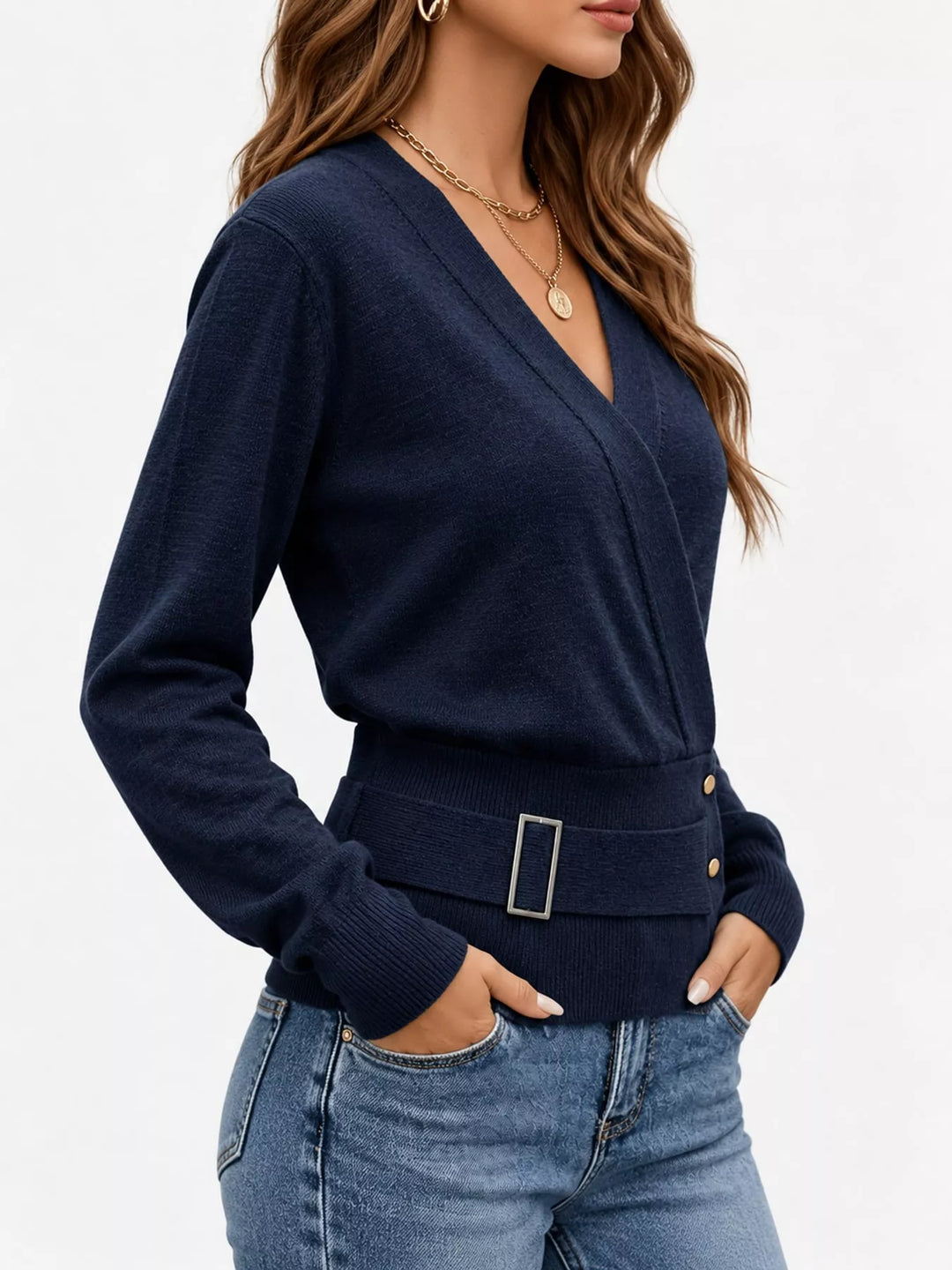 Surplice wrap front buckle belted waist in navy, styled on model 3